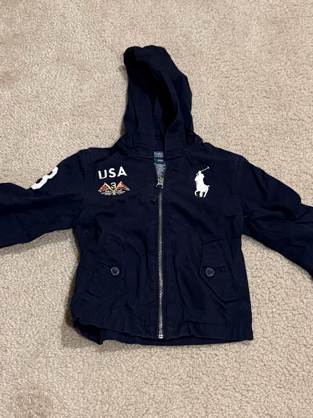 Polo by Ralph Lauren Navy Hooded Kids Jacket with USA & Pony Embroidery